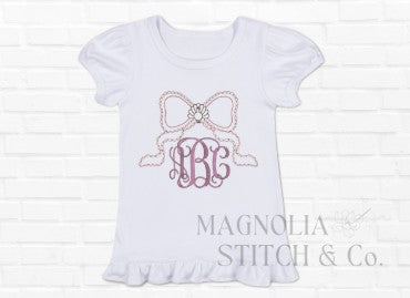Little Turkey Bow Monogram - Toddler Ruffle Tee